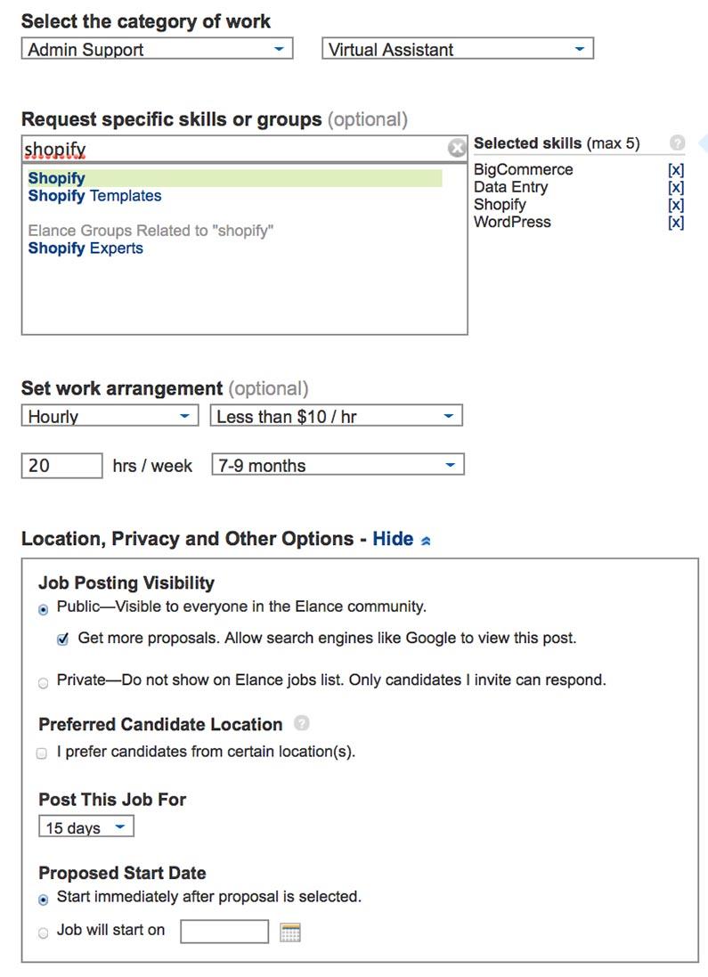 Hire Virtual Assistant elance setting