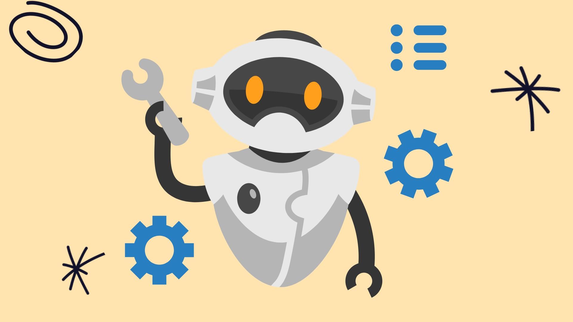 Illustration of a robot holding a wrench beside gears, representing AI software tools