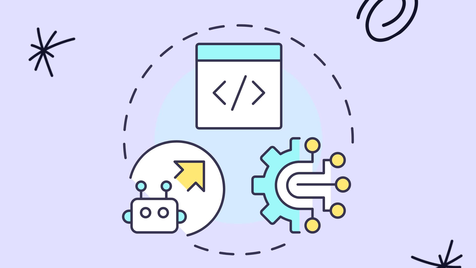 Icons of a code window, a chatbot, and a gear with circuit lines, representing AI integration