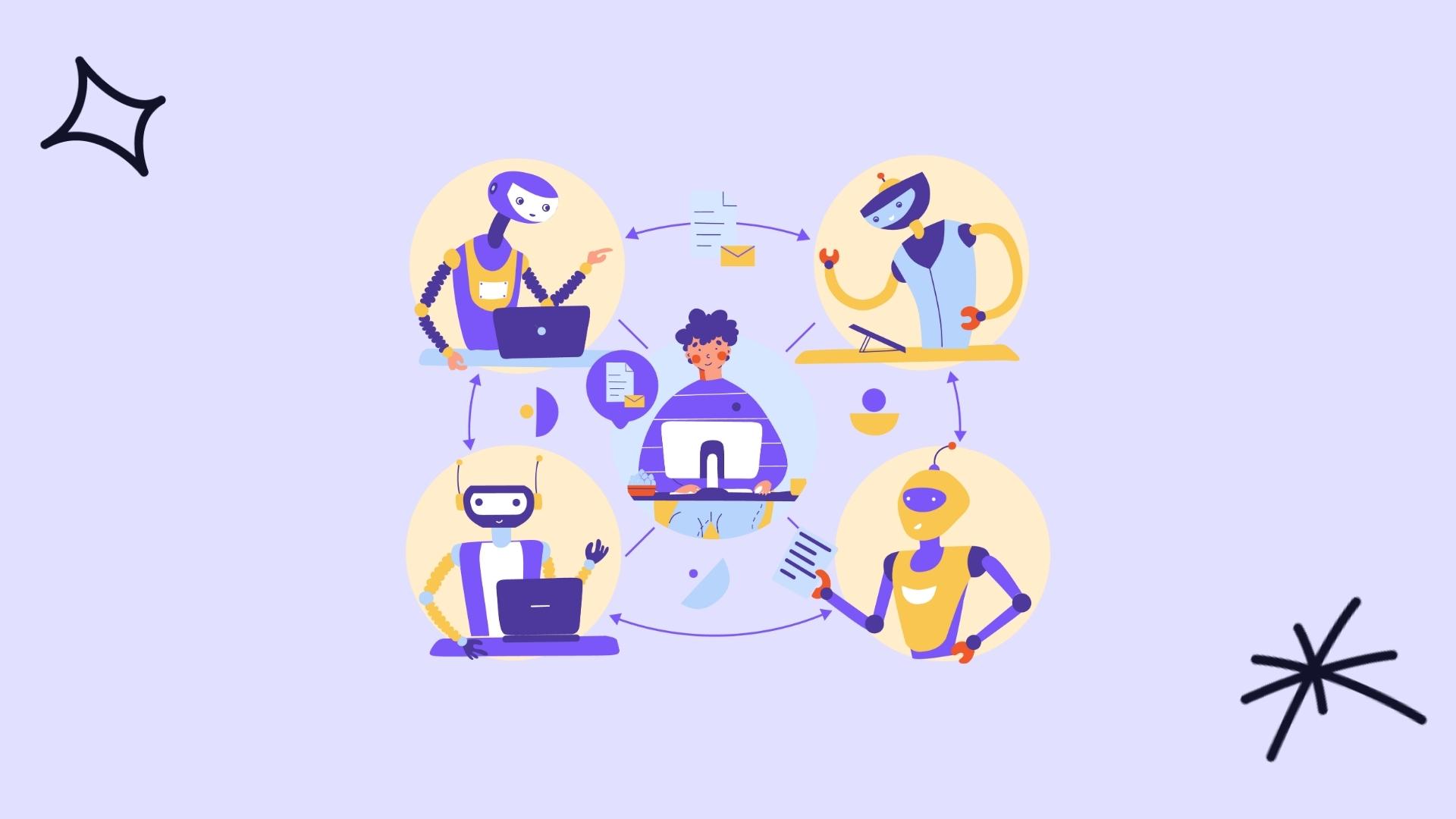 Illustration of a person at a computer connected to a group of robot helpers