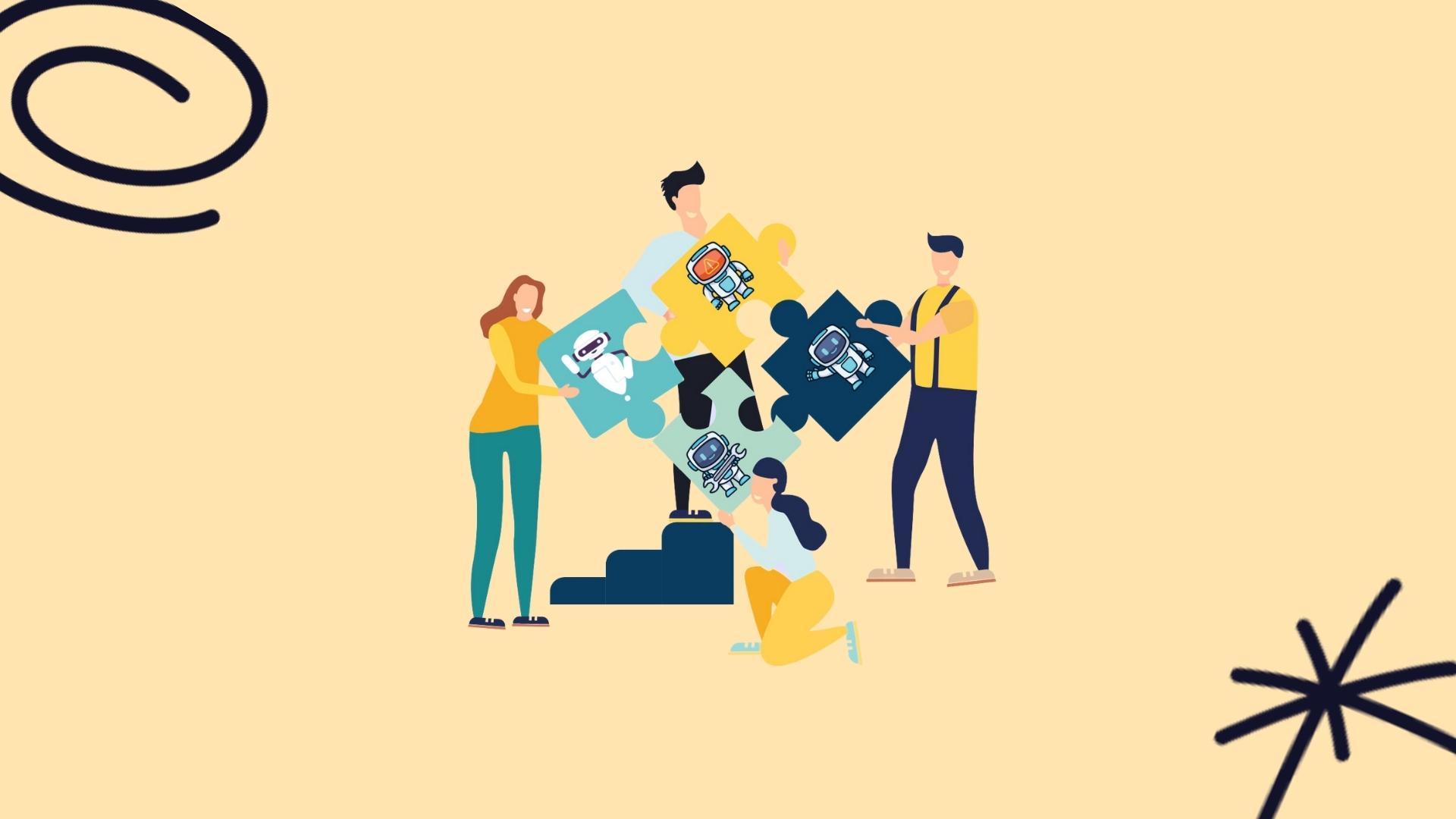 Illustration of people fitting together puzzle pieces that show robots