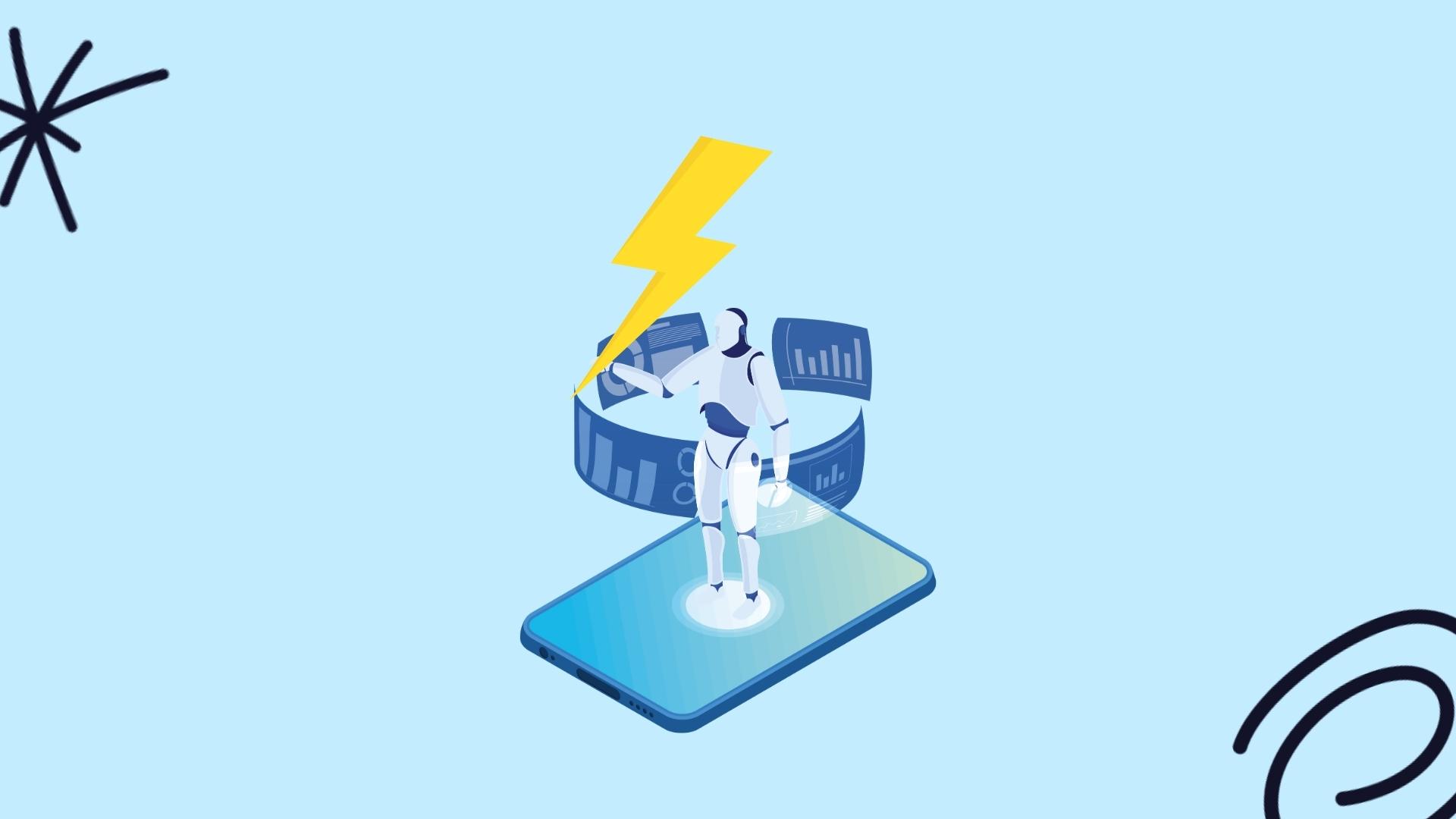 Illustration of a robot standing on a smartphone surrounded by dashboard panels