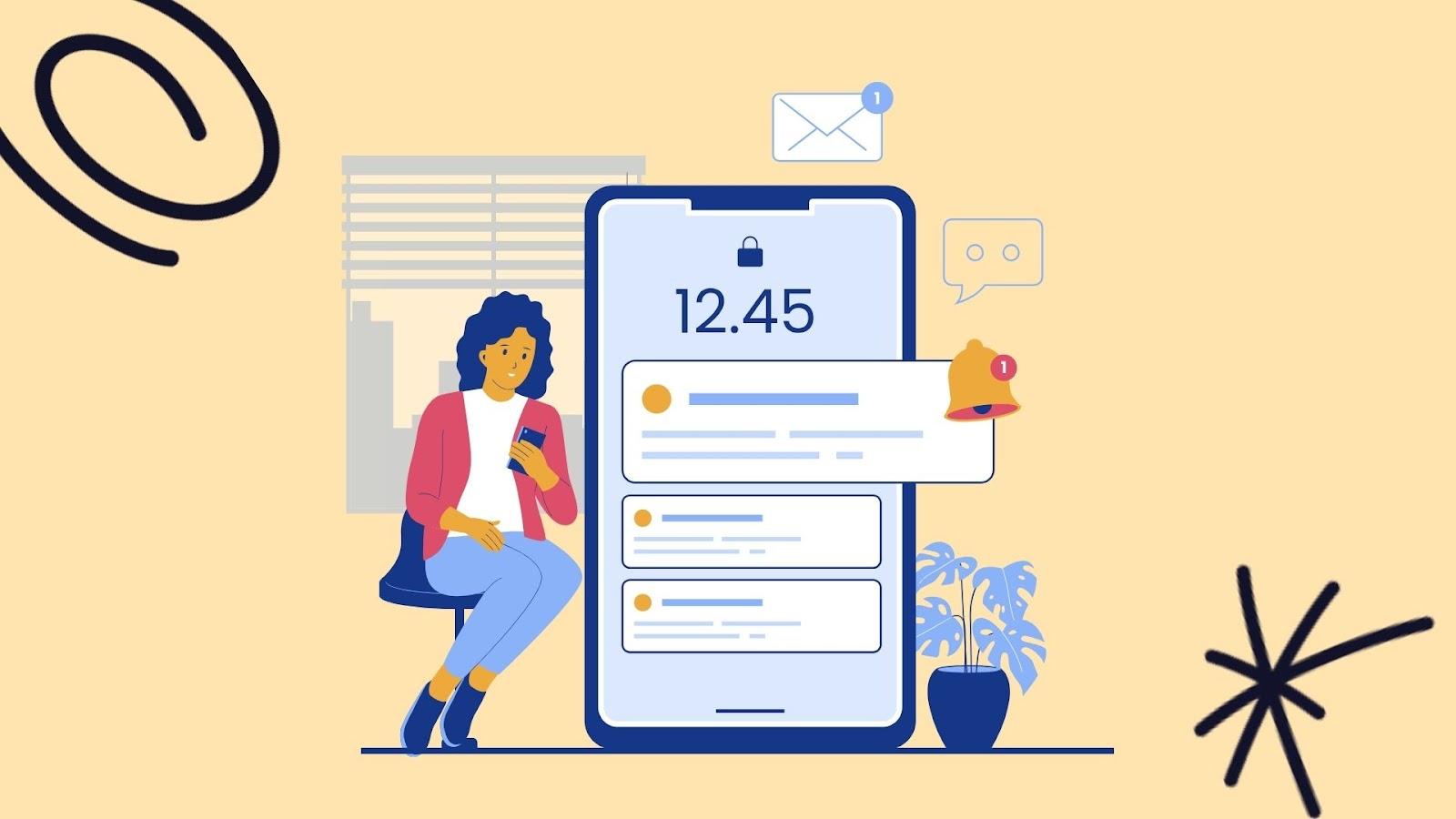 Illustration of a shopper checking her phone beside a lock screen full of push notifications