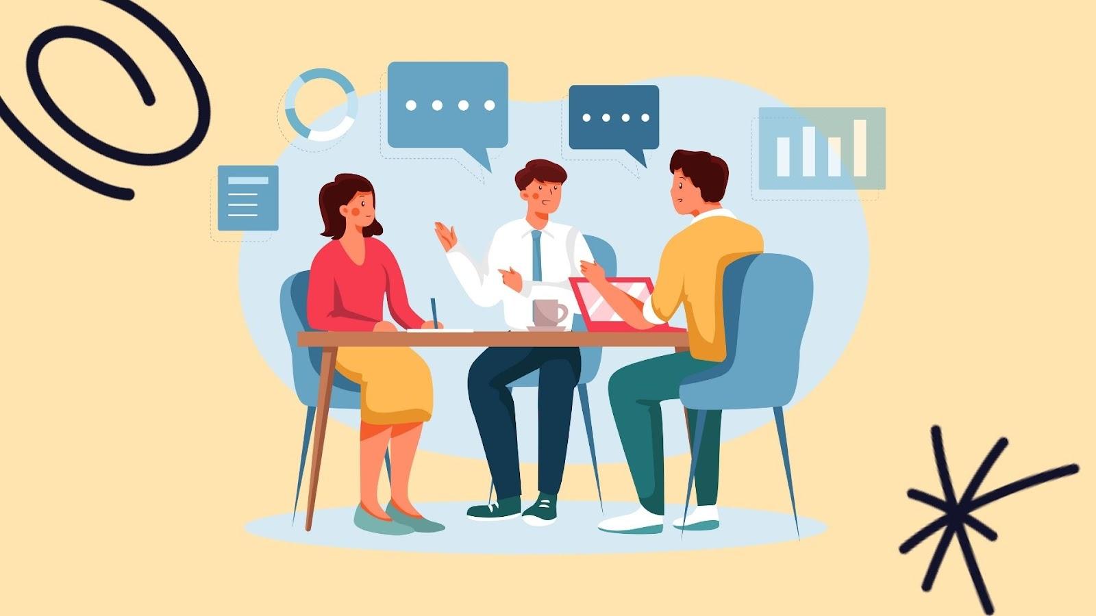 Illustration of three colleagues discussing strategy around a meeting table