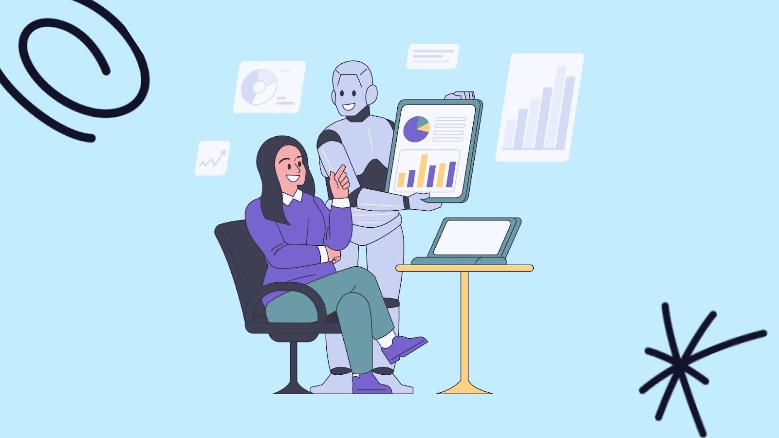 Illustration of a robot assistant showing a seated woman charts on a tablet