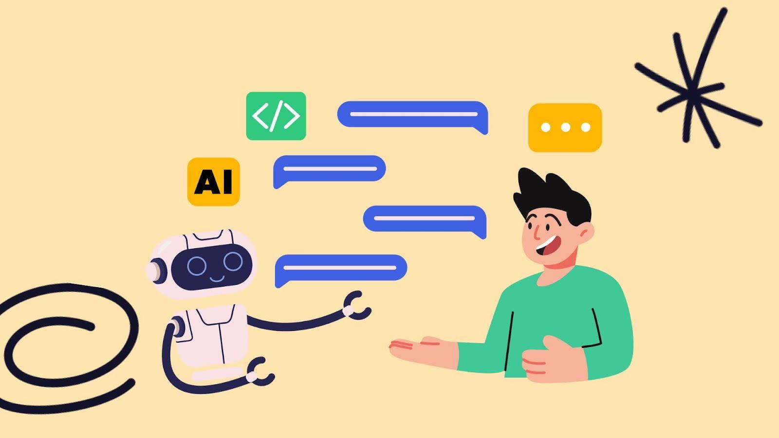 Illustration of an AI chatbot exchanging chat messages with a smiling customer