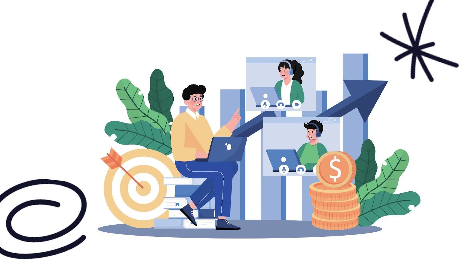 Illustration of a manager on a laptop connected by video call to two headset-wearing support agents
