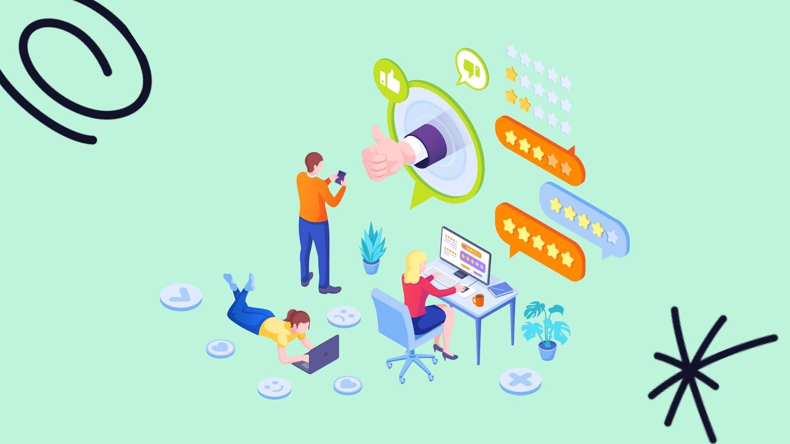 Isometric illustration of customers leaving star ratings and feedback while a team member reviews them at a desk