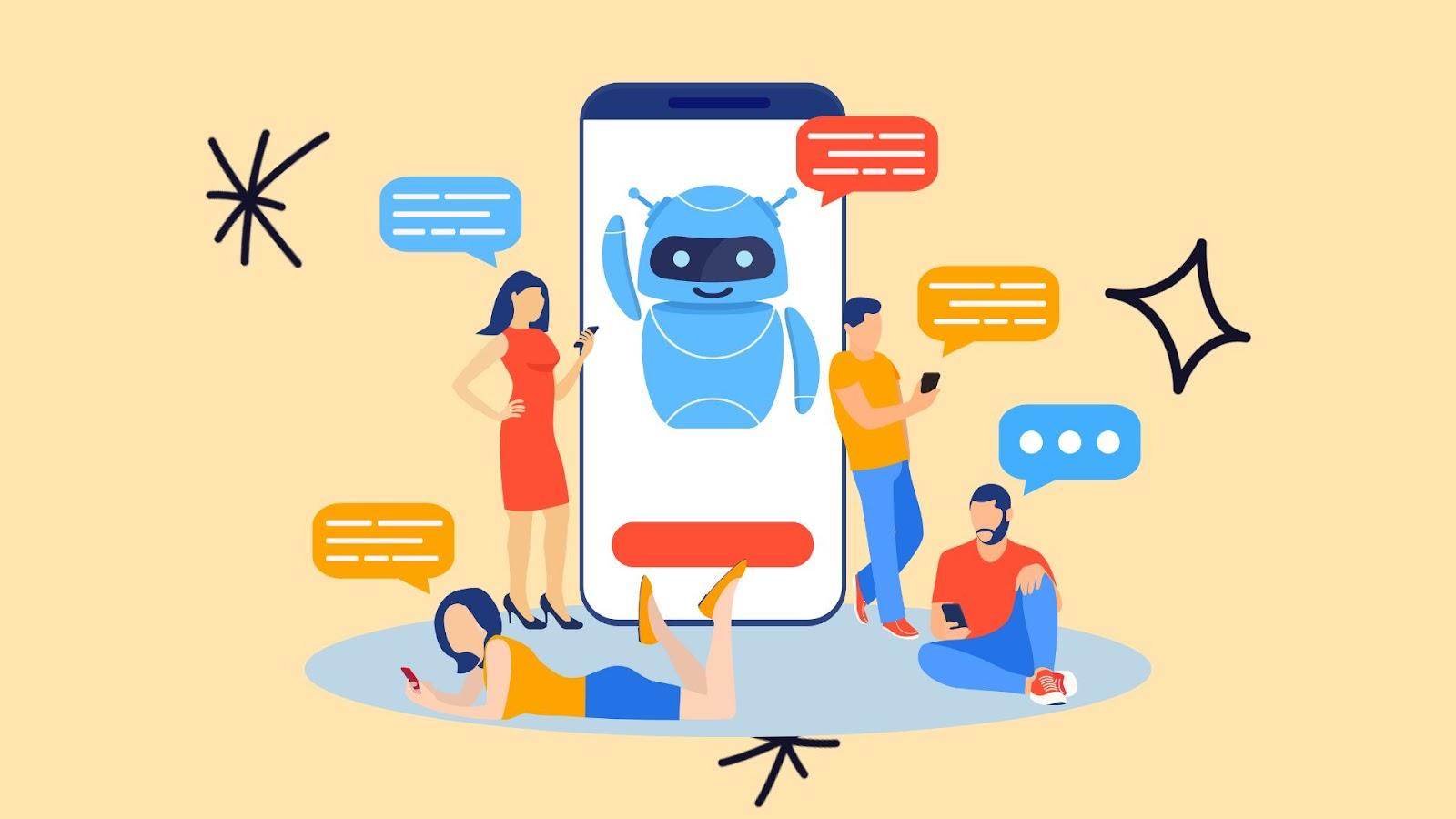Illustration of shoppers messaging on their phones around a large smartphone showing a chatbot