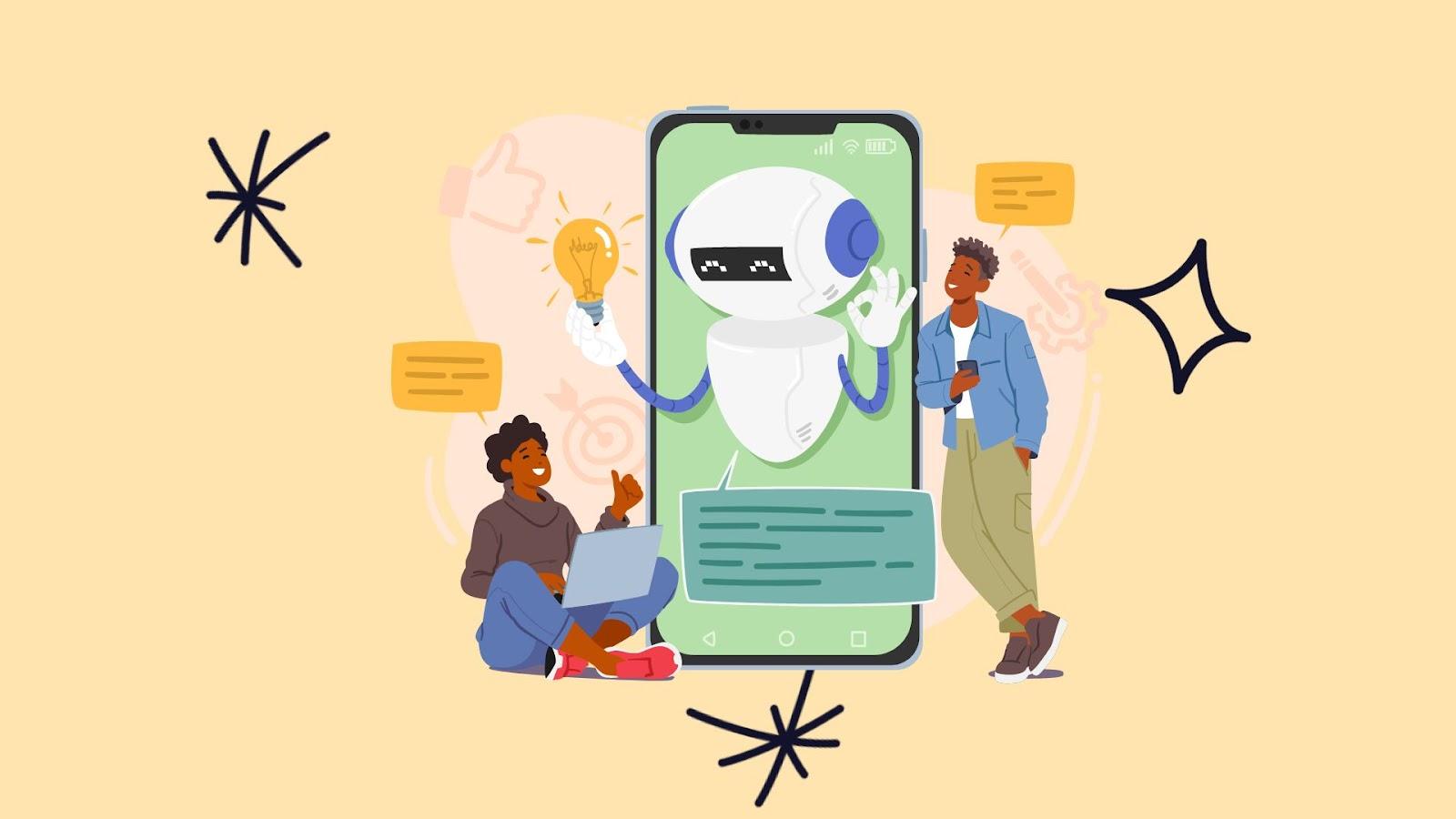 Illustration of a chatbot on a smartphone screen holding a lightbulb as two people chat with it