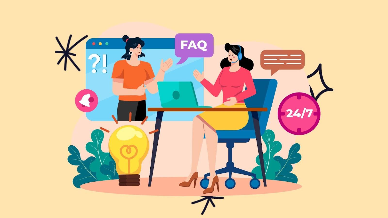 Illustration of a support agent answering a customer's question over video chat, with FAQ and alert icons