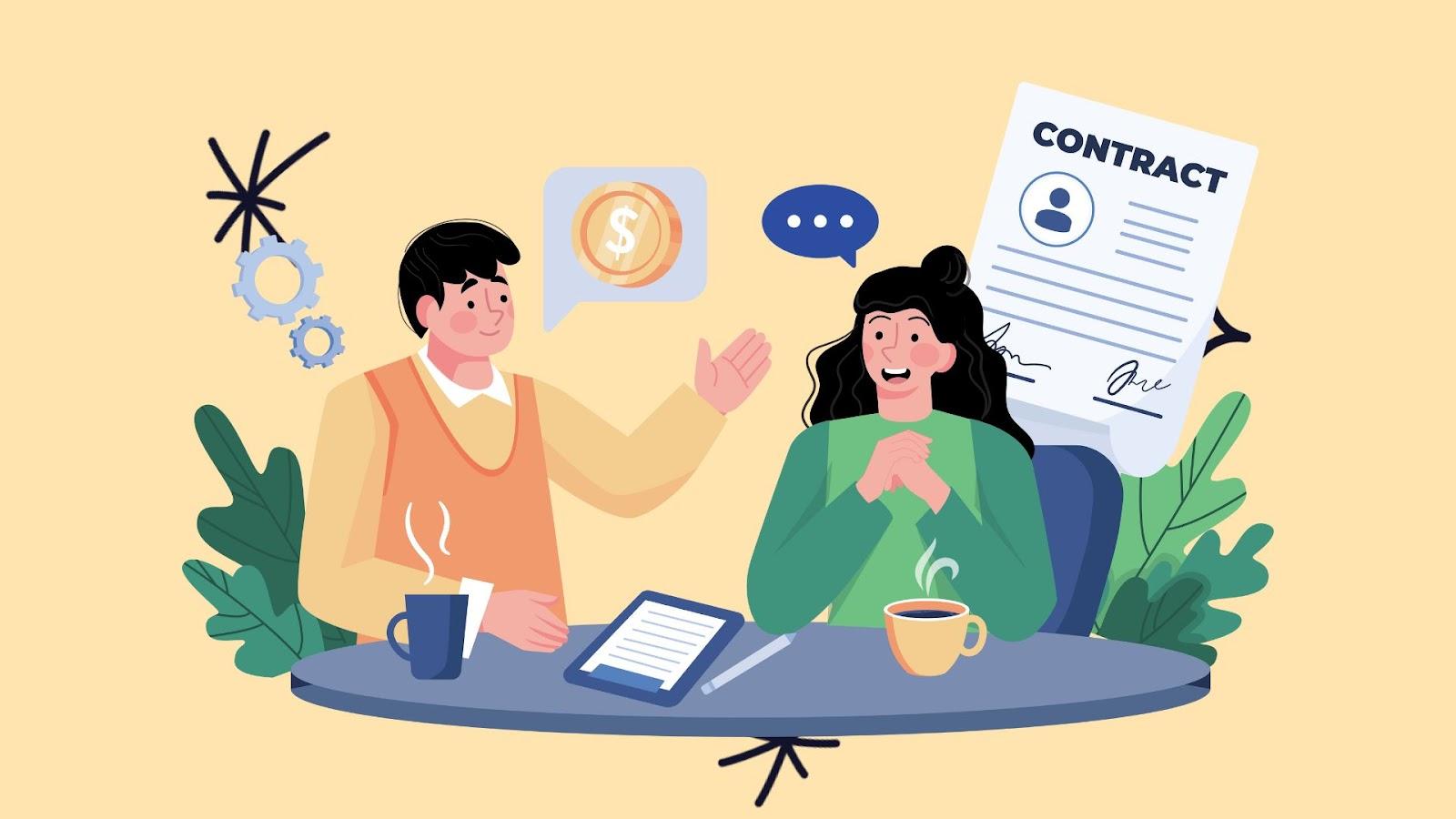 Illustration of two people discussing costs at a table beside a signed contract