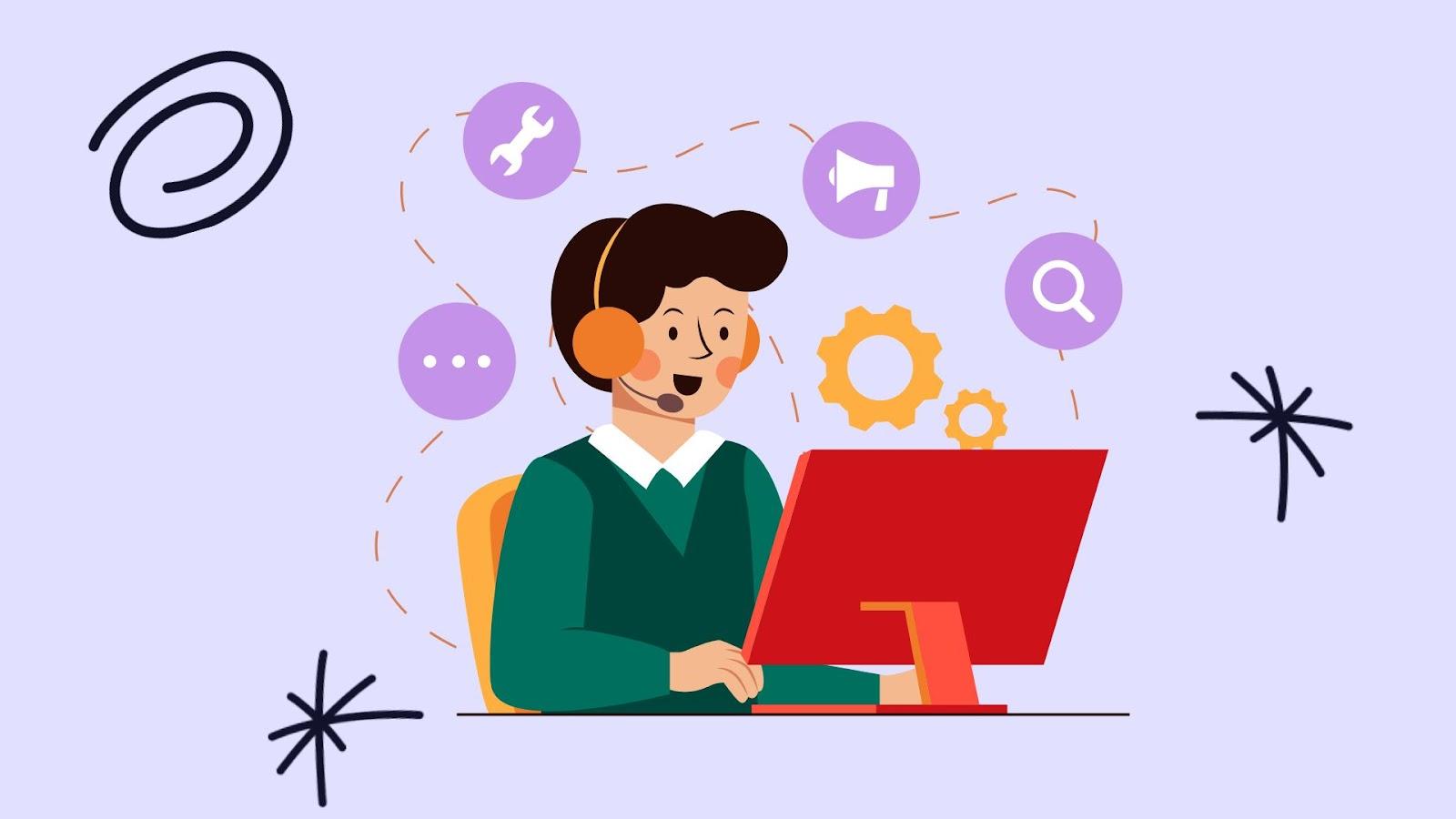 Illustration of a customer support agent wearing a headset and working at a computer