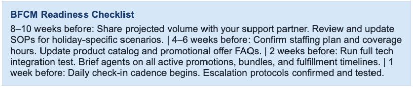 BFCM readiness checklist listing support prep tasks for the weeks before peak season