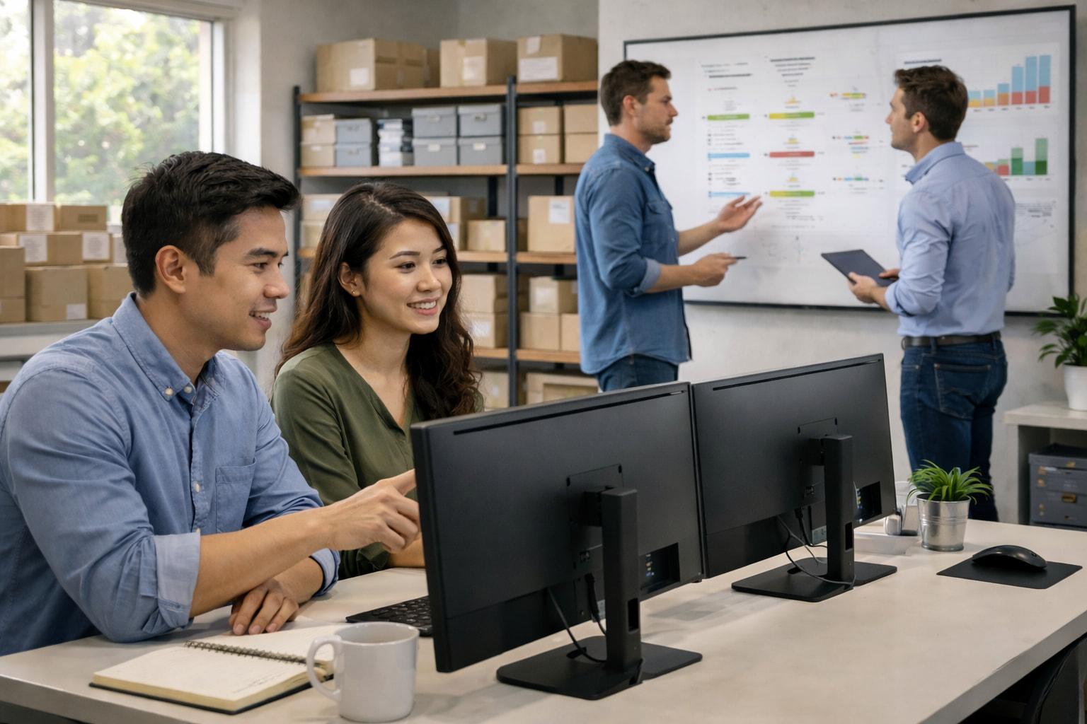 Agents handling tickets at their desks while leads review workflow charts on a wall board