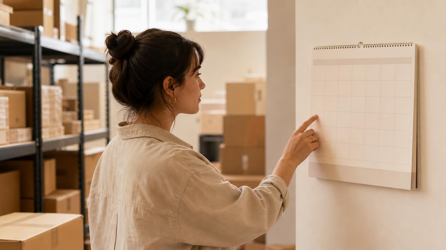 A woman with her hair in a bun, wearing a light jacket, stands in a stockroom lined with boxed shelving and points a finger at a blank wall calendar mounted on the near wall, with a bright window visible behind her on the far side of a partition.