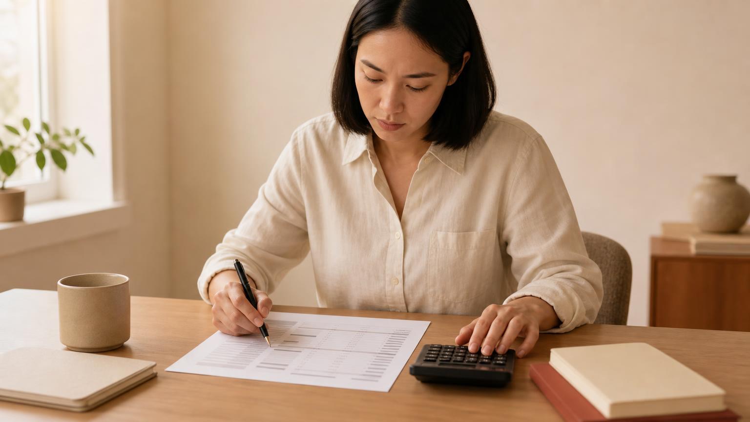 A woman in a cream shirt sits at a wood desk in warm daylight, writing with a pen on a printed page of faint ruled rows while her other hand rests on a calculator, with a mug, notebooks, and a small plant nearby.