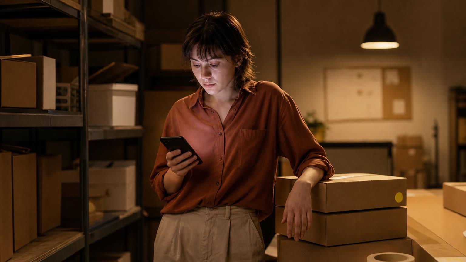 A woman in a rust-colored shirt stands in a dim stockroom late in the evening, looking down at a phone in one hand while resting the other arm on a stack of shipping boxes, lit by a single overhead lamp.