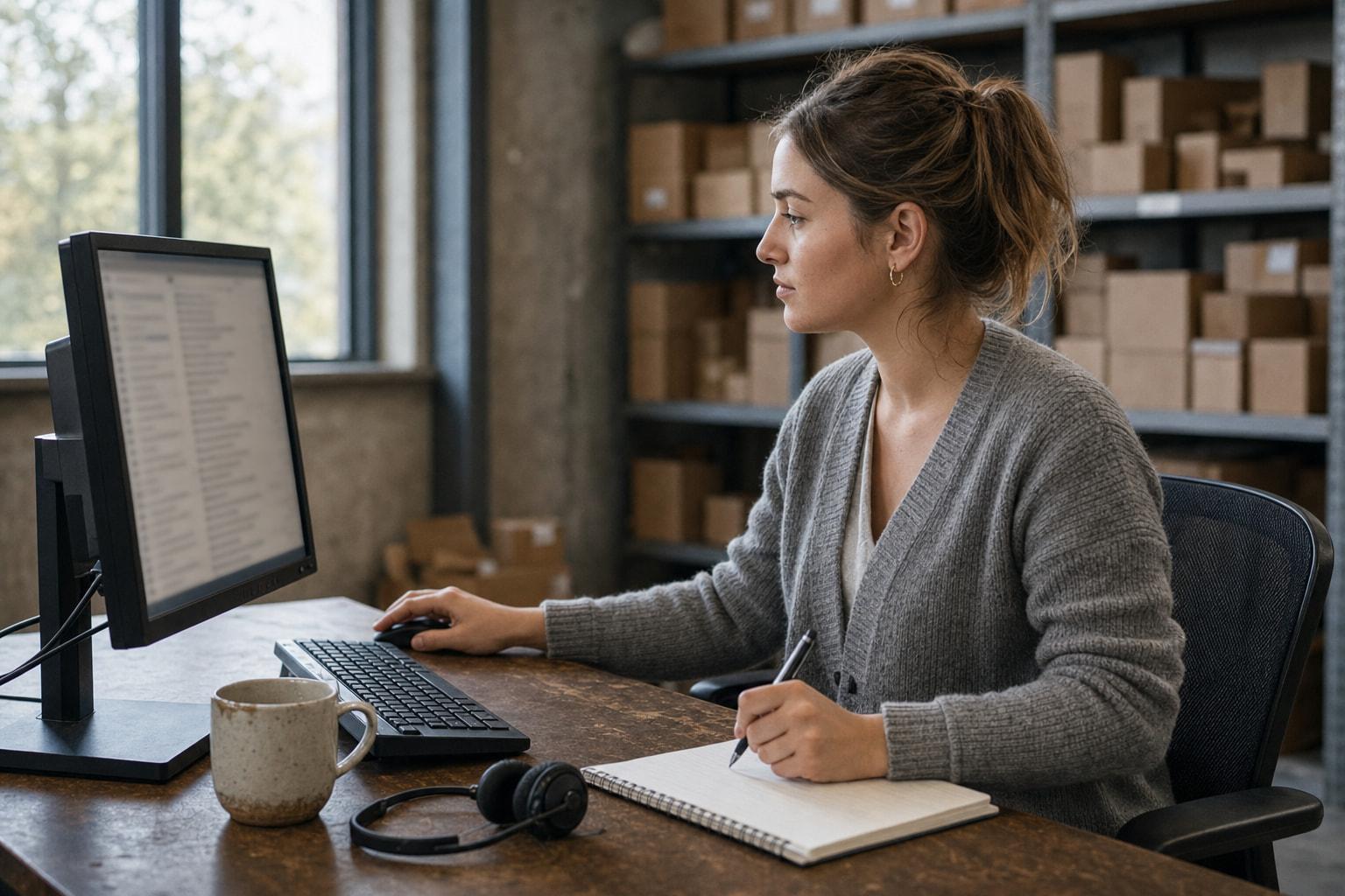 A young woman in a grey cardigan sits at a scuffed wooden desk in front of a single monitor, one hand on the mouse, scrolling a long out of focus list of closed email threads. Her other hand holds a pen over the open page of a spiral notebook beside the keyboard. A support headset lies unused on the desk between the notebook and a speckled mug. Daylight comes through a tall window on the far side of the desk, and steel shelving stacked with cardboard cartons fills the wall behind her.