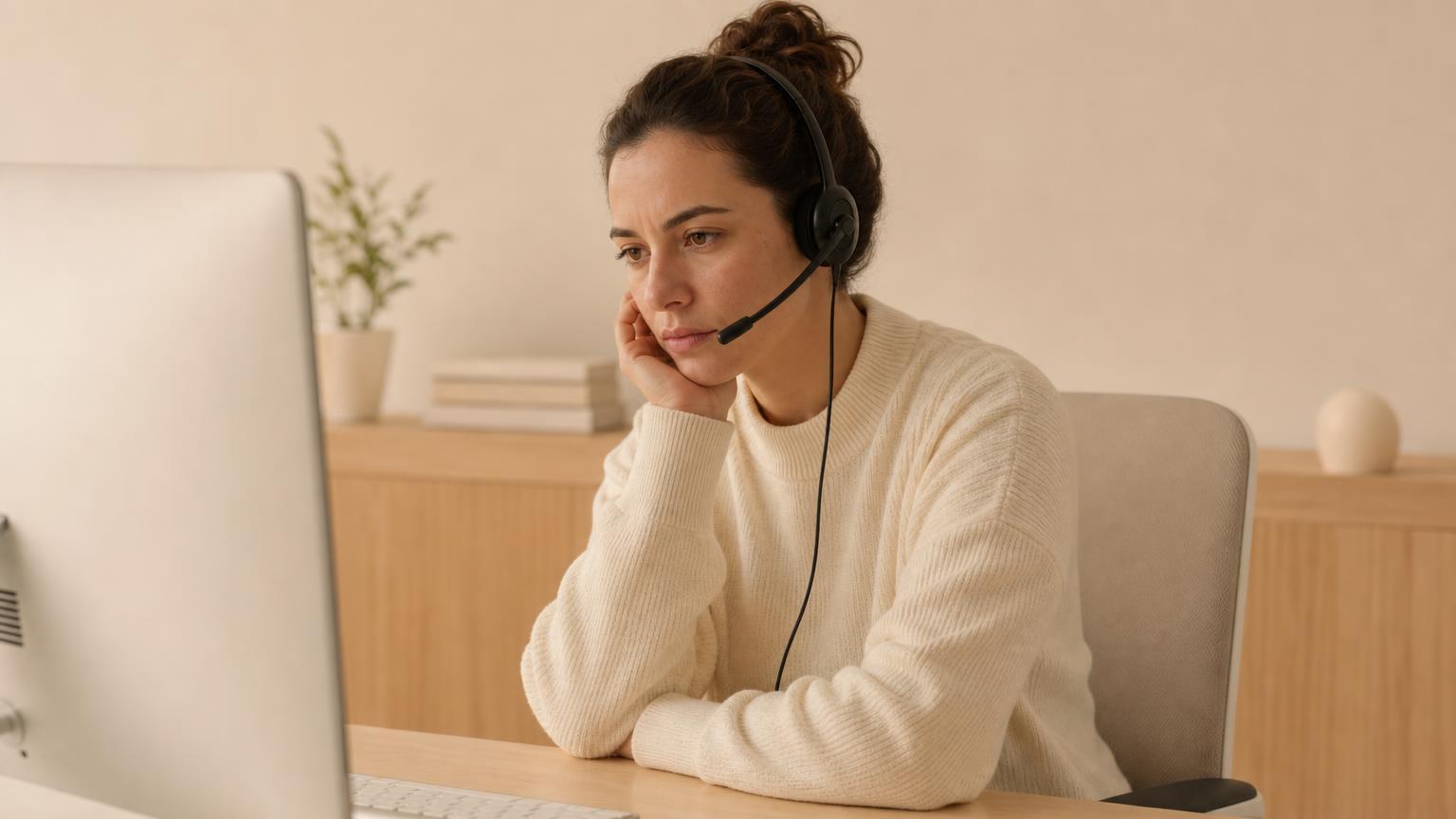 A woman wearing a cream sweater and a headset sits at a desk, chin resting on her hand, looking at a monitor with a weary, quiet expression, in a warm-toned room with a plant and wood furniture.