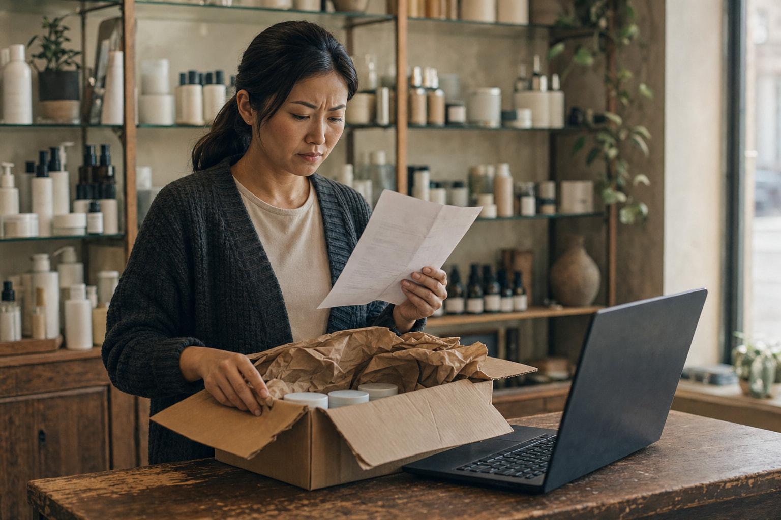 A woman in a charcoal knit cardigan over a cream T-shirt stands behind a worn wooden shop counter, frowning as she reads a printed invoice held in one hand. Her other hand rests on an open cardboard shipping carton filled with crumpled brown packing paper, with plain white jars inside. An open laptop sits beside the carton with its screen facing away from the camera. Glass shelves of bottles and jars line the wall behind her, and daylight comes through a shop window on the right.