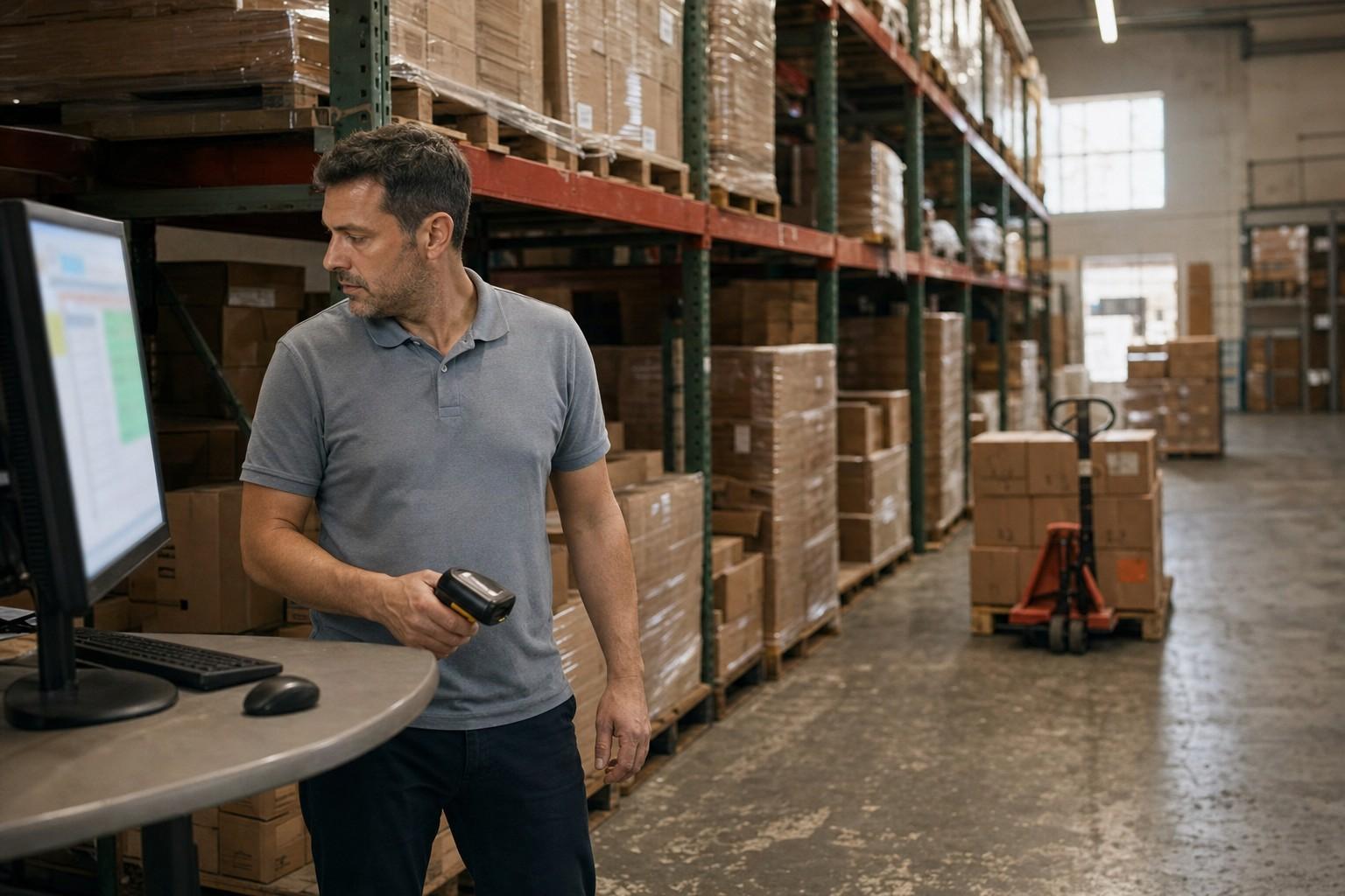 An operations lead in a gray polo stands at a workstation at the end of a stockroom aisle, holding a handheld barcode scanner and turning to read the monitor, which is blurred. Steel pallet racking with shrink-wrapped cartons lines the aisle, and a pallet jack with a stack of cartons waits on the concrete floor behind him.