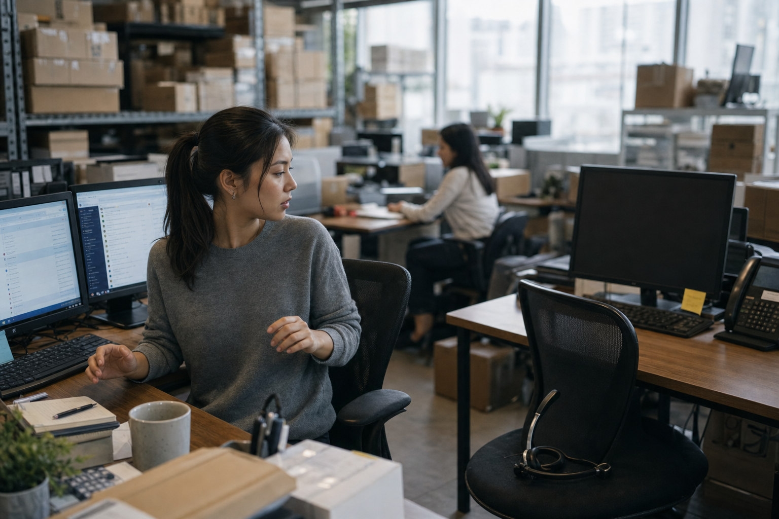 A support agent sits at her desk with both hands lifted off the keyboard, turned to look at the workstation beside her — chair pushed back, a headset left on the seat, the monitor switched off. Behind her, an open-plan office with warehouse shelving and cardboard cartons.