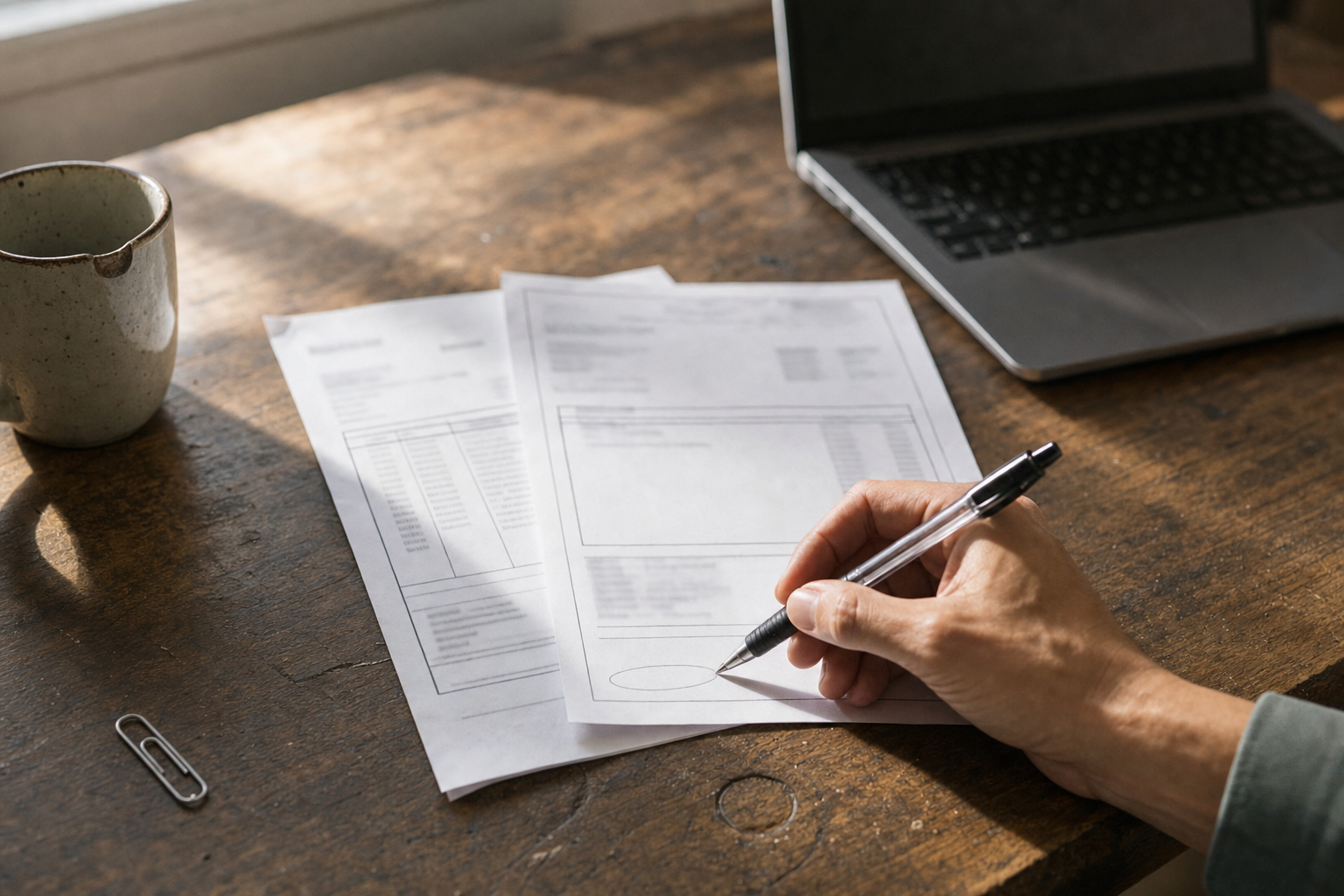 A printed freight quotation and a delivery note lie overlapping on a scuffed wooden desk beside a laptop turned away from the camera. A hand holds a ballpoint pen over an empty field near the foot of the quotation, partway through circling the blank space. A chipped mug and a paperclip sit in daylight at the edge of the frame.