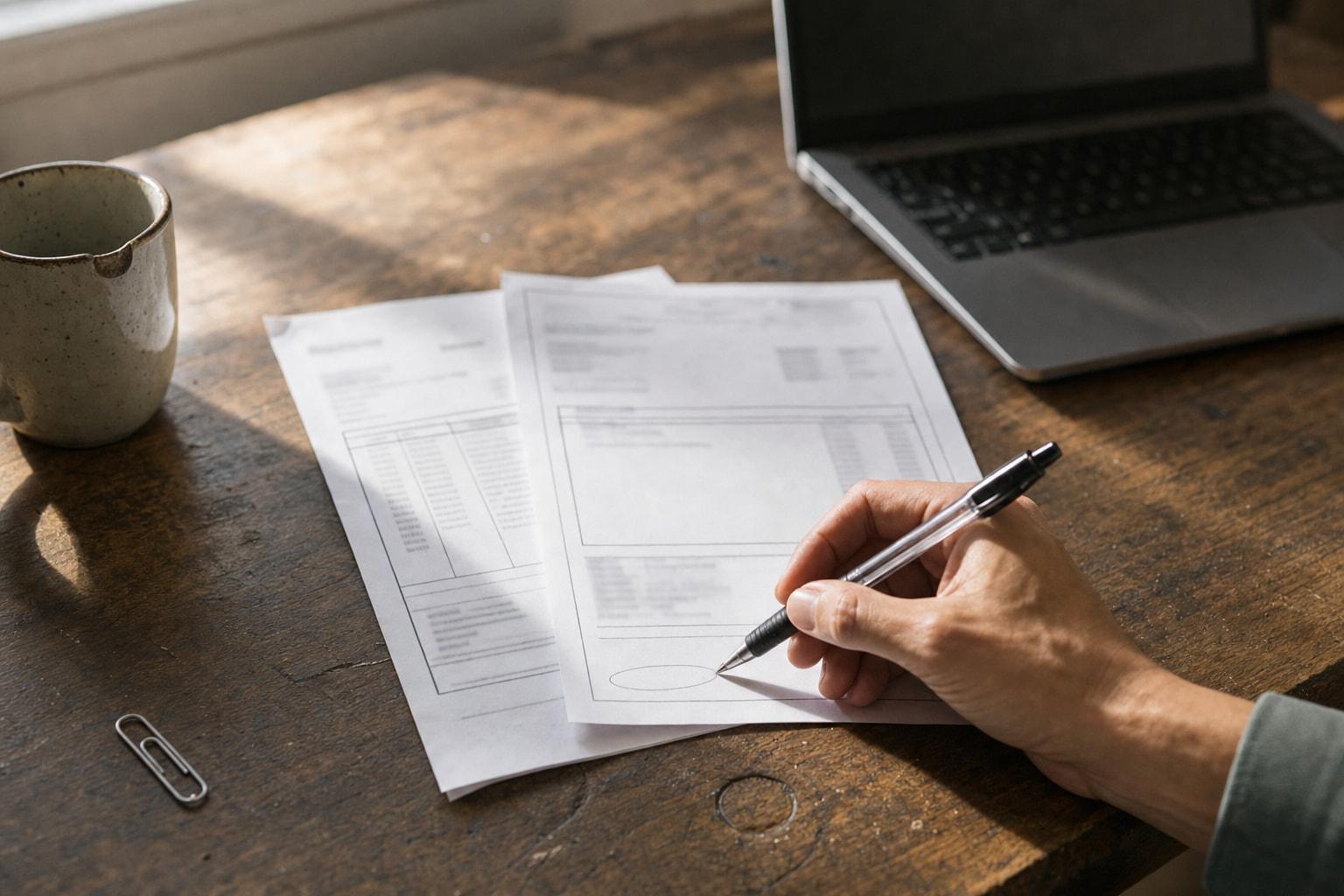 A printed freight quotation and a delivery note lie overlapping on a scuffed wooden desk beside a laptop turned away from the camera. A hand holds a ballpoint pen over an empty field near the foot of the quotation, partway through circling the blank space. A chipped mug and a paperclip sit in daylight at the edge of the frame.