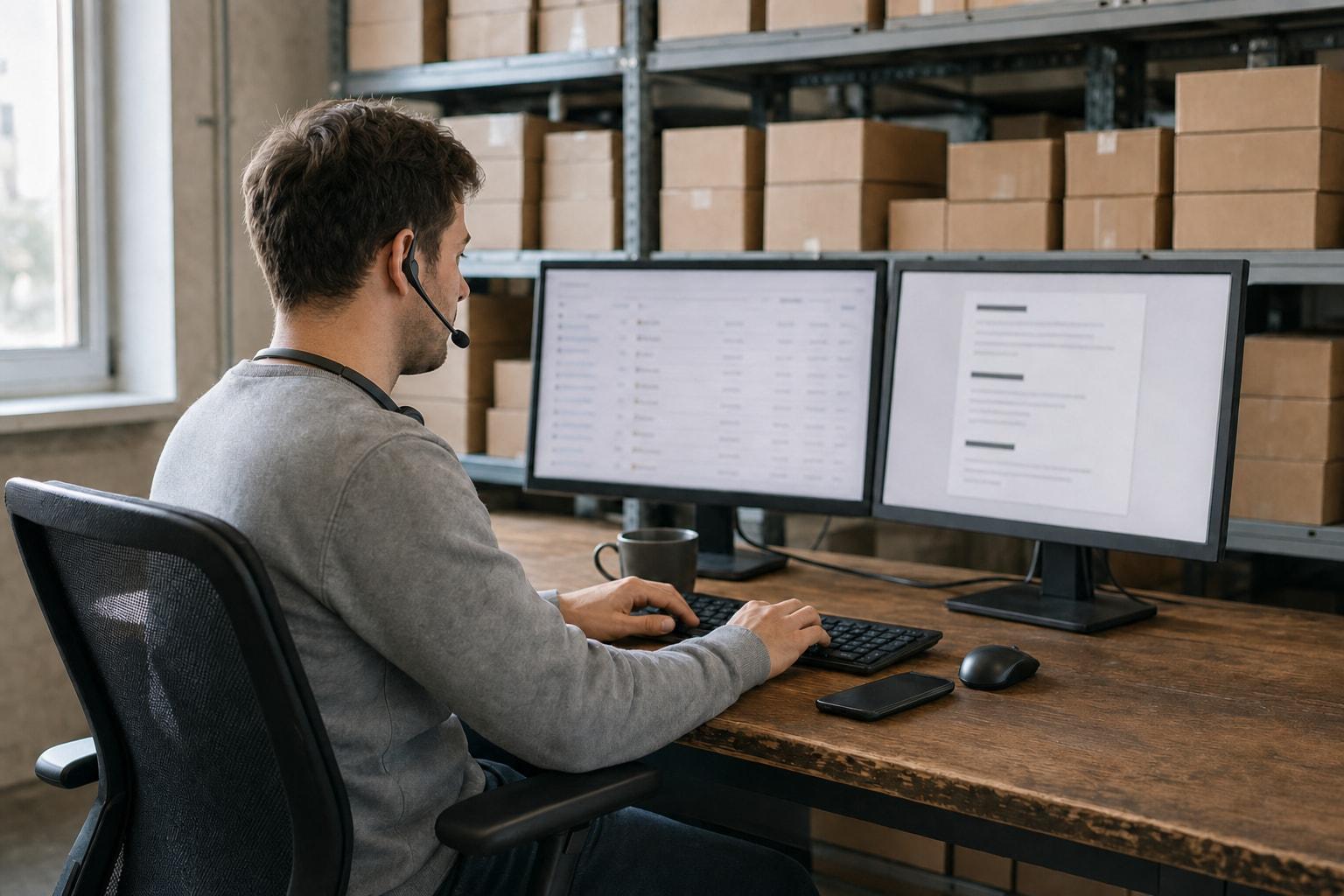 A man in a gray crewneck sweatshirt, wearing a support headset with a microphone boom, sits at a two-monitor desk in a warehouse office and types with both hands. The left monitor shows an out-of-focus help desk queue. The right monitor shows a short document with three bold headings and a few lines under each, too small to read. A mug, a phone, and a mouse sit on the worn wooden desk, and steel shelving stacked with cardboard cartons fills the wall behind him.