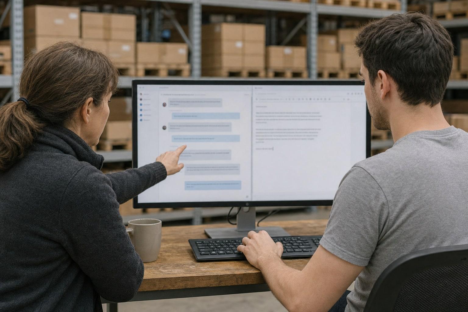 A support lead and an agent sit side by side at one large monitor on a worn wooden desk, seen from behind, with steel shelving stacked with cardboard cartons on pallets filling the wall behind them. On the left, a woman in a dark gray knit jacket with her hair in a ponytail leans in. She points at a customer conversation on the left half of the screen. On the right, a man with short dark hair in a gray T-shirt has a hand on the keyboard, and the right half of the screen shows a text editor with a few short paragraphs and a cursor partway through them. All screen text is too small to read. A gray mug sits beside the keyboard.