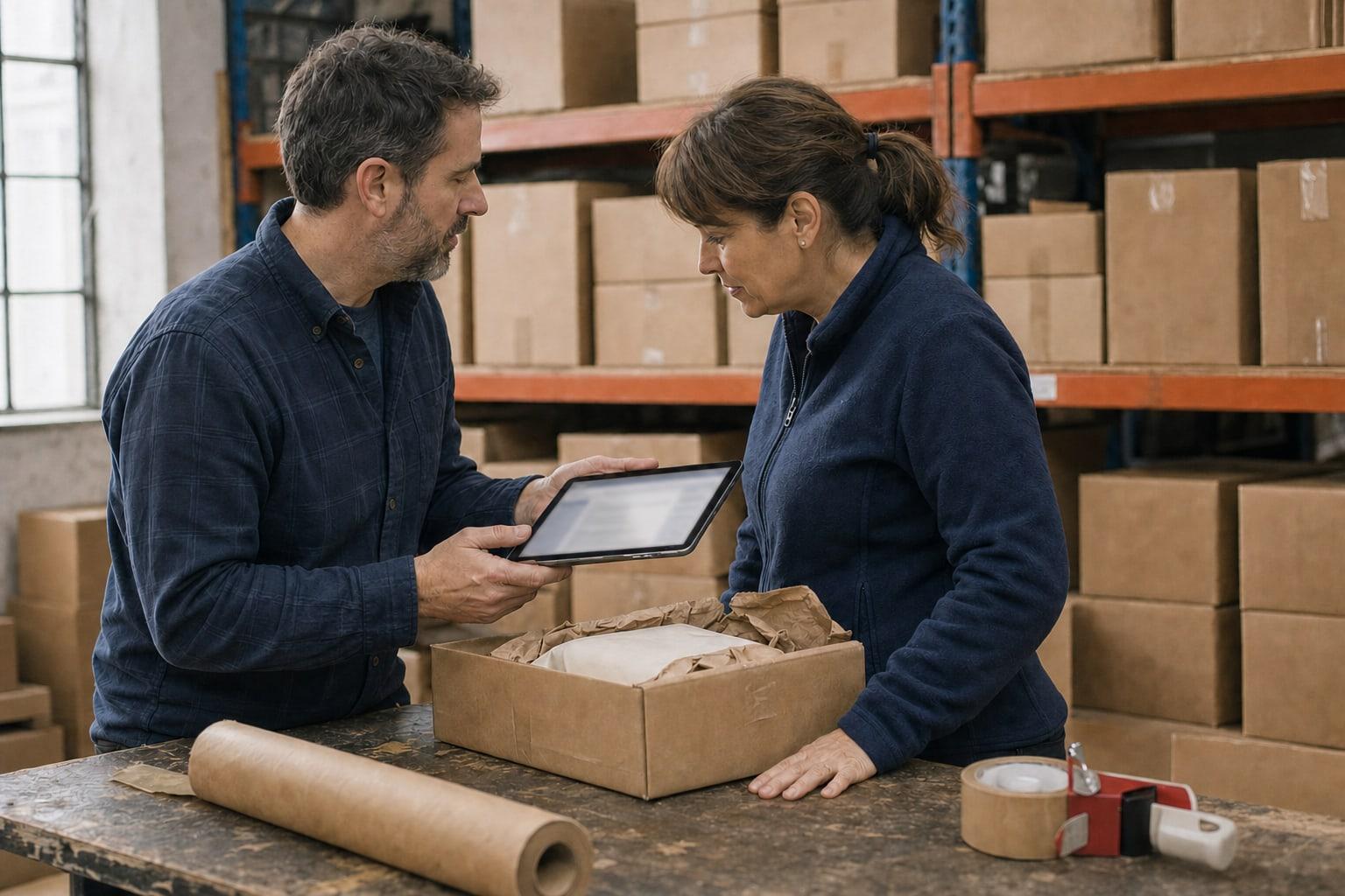 An owner and a support lead stand side by side at a scuffed packing bench in a small warehouse. The support lead holds a tablet angled toward the owner, who leans in to look. The tablet screen shows nothing readable. On the bench sit an open carton with a wrapped item in brown packing paper, a roll of packing paper and a tape gun, with steel shelving stacked with cardboard cartons behind them.