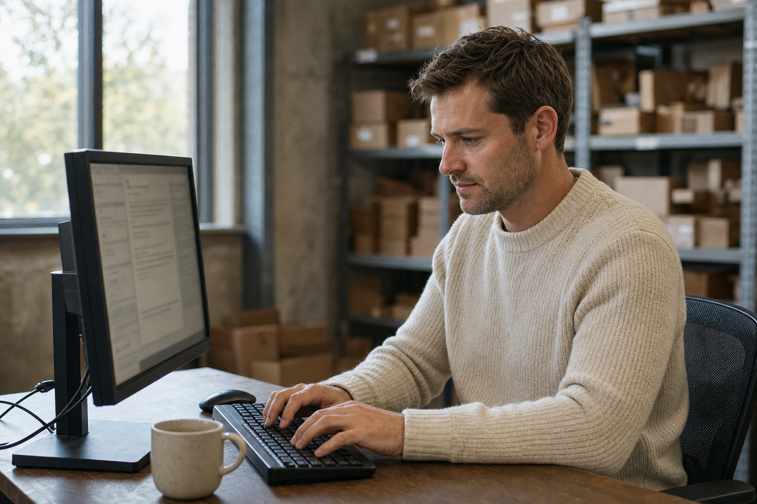 A man in a cream knitted sweater sits at a desk typing with both hands on a keyboard, leaning slightly toward a single monitor whose screen shows an out-of-focus list of messages. A mug and a mouse sit on the scuffed wooden desk beside the keyboard, and steel shelving stacked with cardboard cartons fills the room behind him.