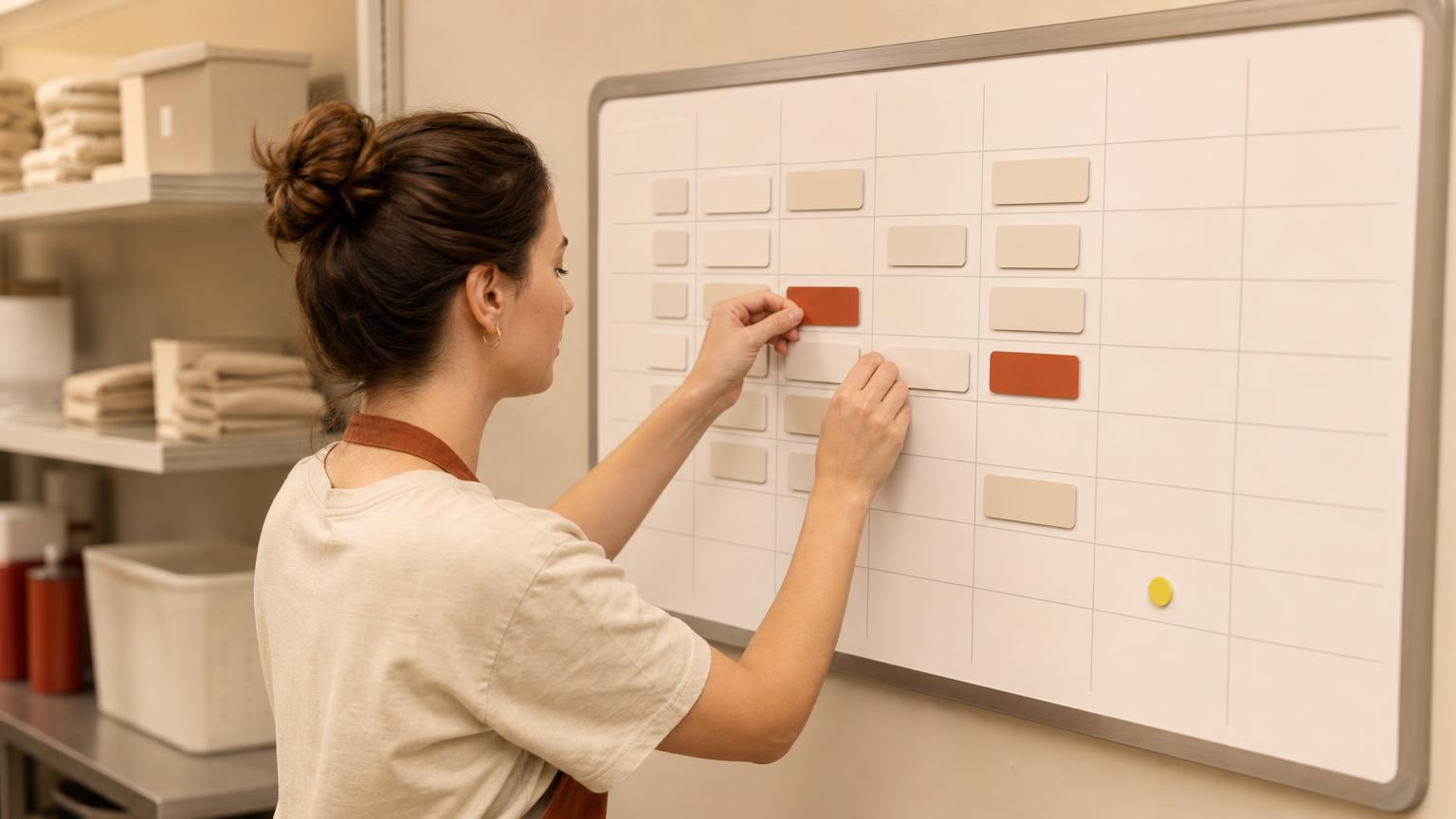 A woman with her hair in a bun places a solid rust-colored tile onto a wall-mounted grid board covered in rows of blank tan and rust tiles, in a stockroom with shelves of folded linens behind her.