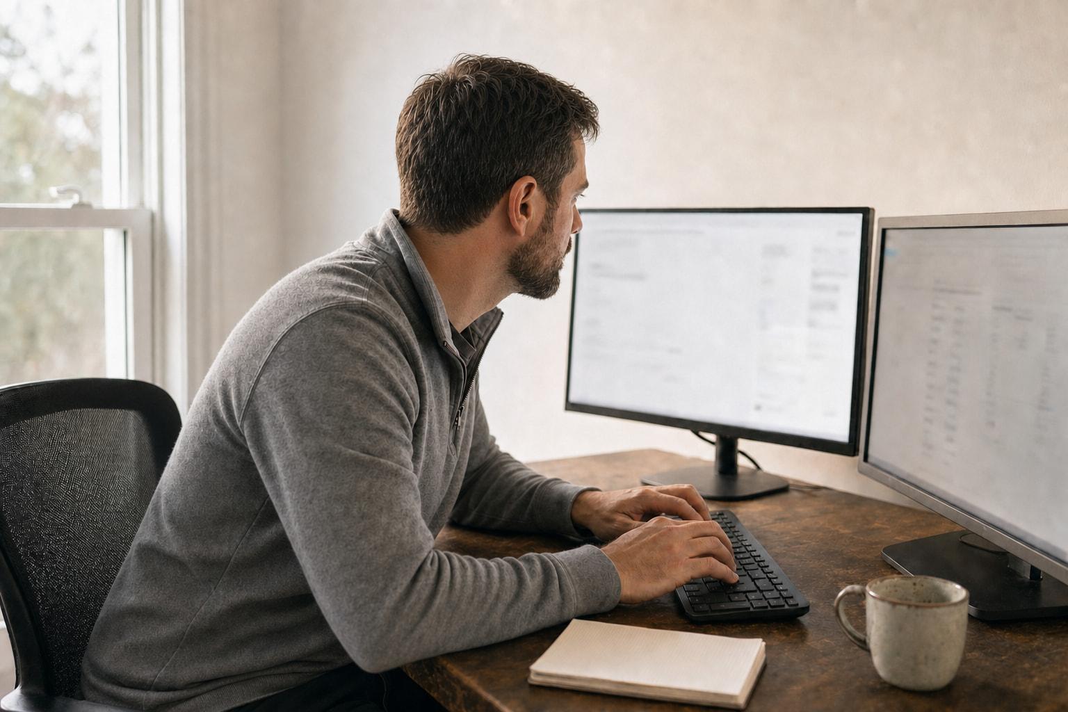 A man with short dark hair and a trimmed beard, in a gray quarter-zip, sits in a black mesh office chair at a dark wooden desk, seen from over his left shoulder. His hands are on a black keyboard as he types, and his head and eyes are turned toward the black-framed monitor directly in front of him, which shows a pale, blurred page. A second, silver-framed monitor stands nearer the camera at the right edge of the frame, angled toward him and open to the rows of a customer record, out of focus and unreadable. A closed notebook lies at the front of the desk, and a speckled ceramic mug sits by the base of the right-hand monitor. Behind him is a plain off-white wall, and a window on the left looks out on trees.