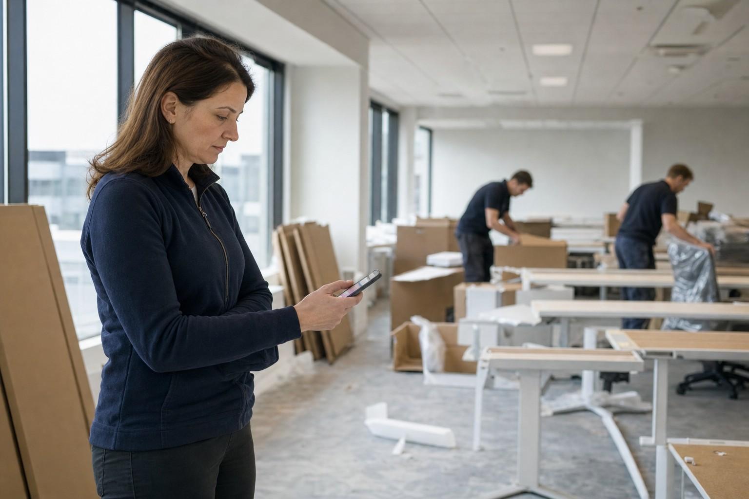 A facilities manager in a navy zip-up stands in an open-plan office that is being fitted out, checking her phone. Behind her, two installers unpack new office chairs among half-assembled white desks, and flattened cardboard leans against the tall windows.