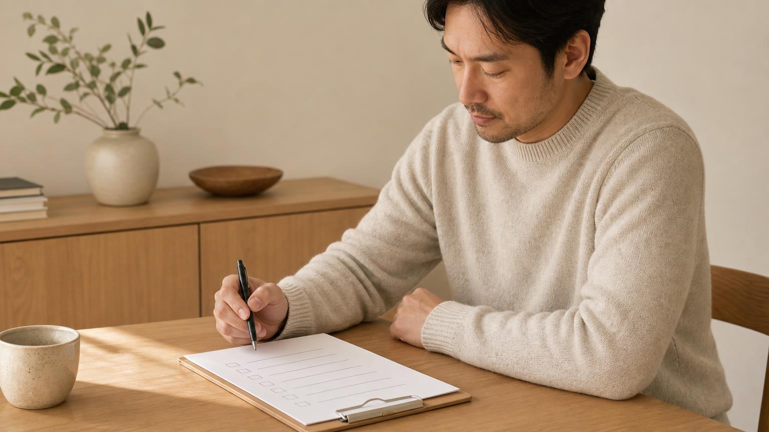 A man in a cream sweater sits at a wood table, pen in hand, about to mark a checkbox on a printed checklist clipped to a clipboard, with a mug, plant, and wood cabinet in the warm-lit room behind him.