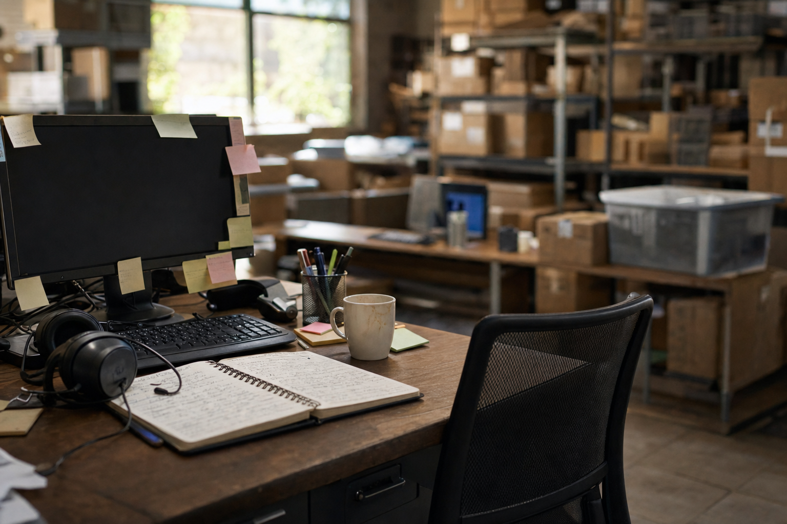 An unoccupied support desk. An open spiral notebook filled with dense handwriting lies beside a keyboard, a coiled headset, a used mug and a pen pot; faded sticky notes are stuck around the bezel of a switched-off monitor. The chair is turned away and warehouse shelving is out of focus behind.