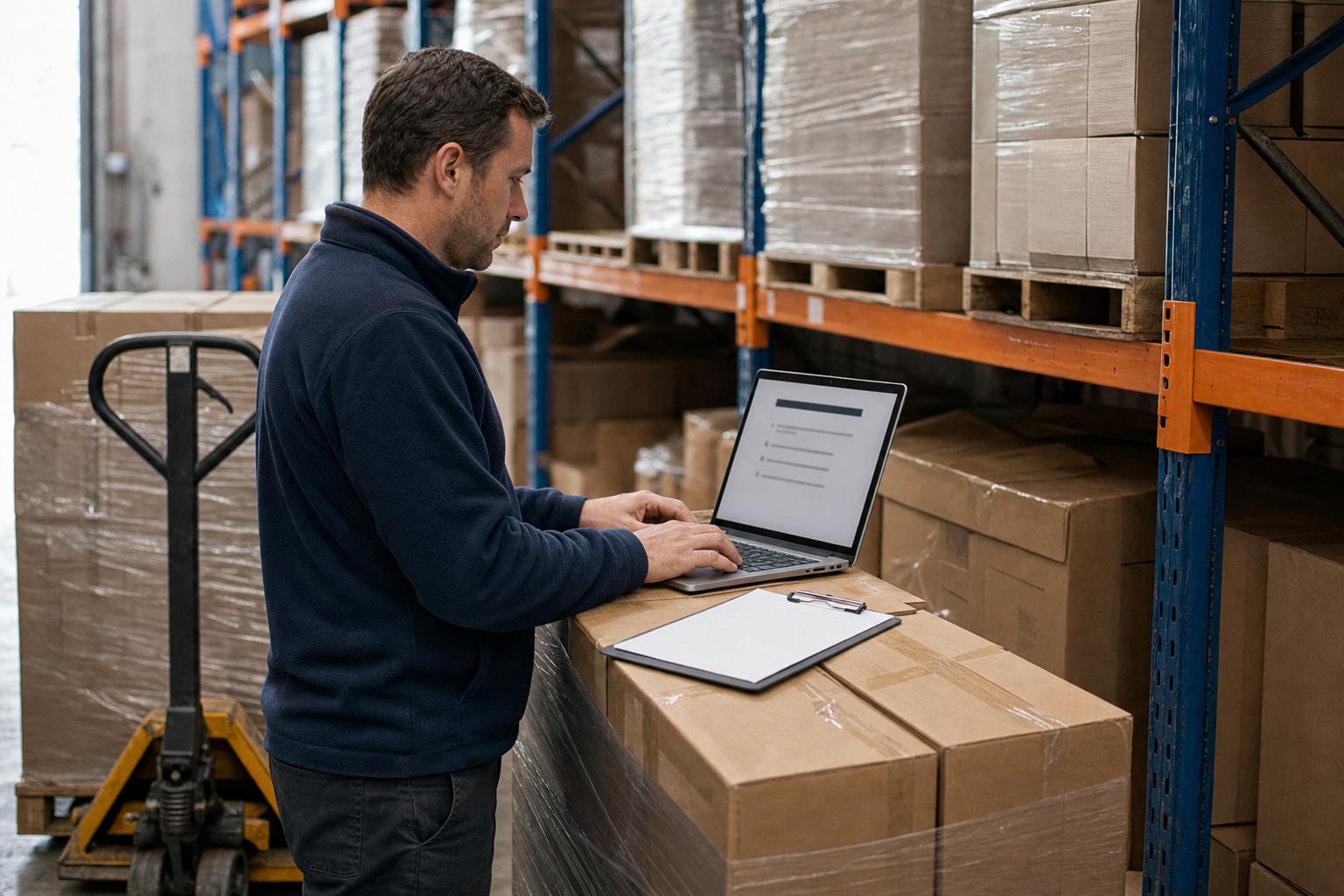 A man in a navy fleece stands in a warehouse aisle between blue and orange pallet racking, typing on a laptop that is open on a waist high stack of cartons. The screen shows a short document with one bold heading bar and four numbered lines under it, too small to read. A pallet jack carrying a shrink wrapped pallet load stands behind him, and a clipboard holding a blank sheet lies on the carton beside the laptop. Daylight comes down the aisle from a roller door out of frame.
