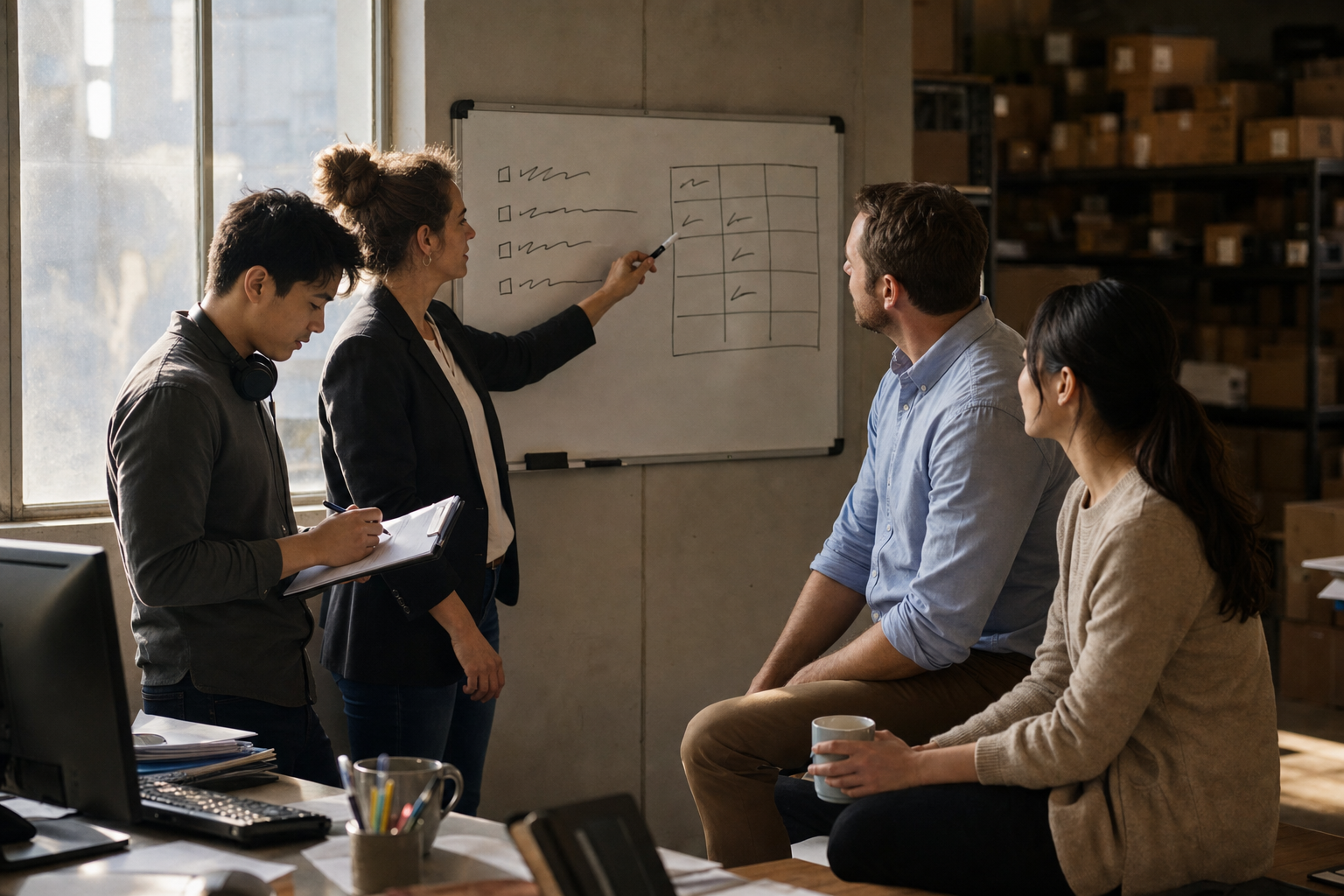 Four colleagues around a whiteboard in a warehouse office. A woman in a blazer points a marker at a hand-drawn checklist and grid on the board, a colleague beside her writes on a clipboard, and two others watch from the edge of a desk.