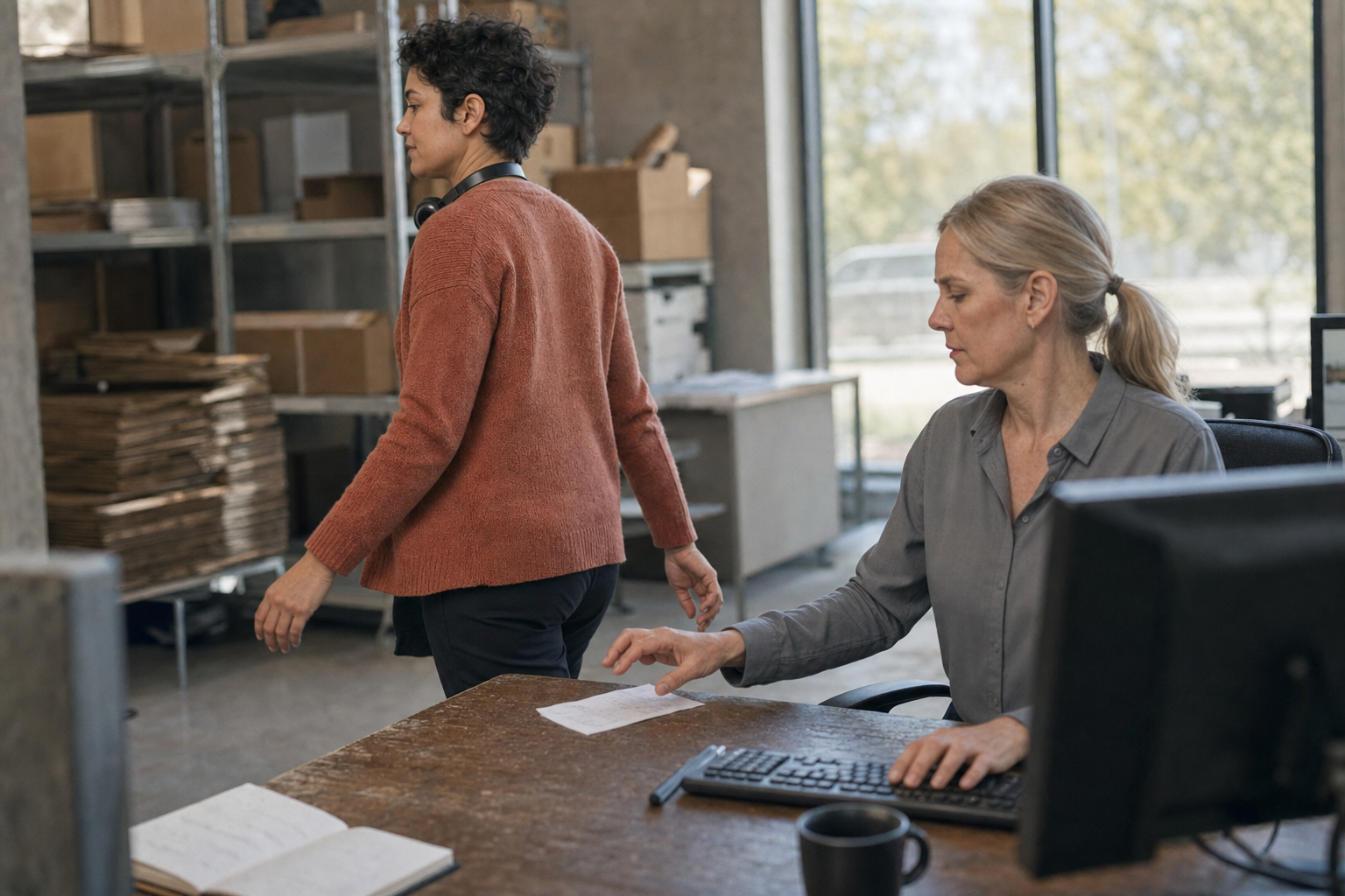 A woman in a rust cardigan with a support headset around her neck walks away from a colleague's desk, having just set a single handwritten sheet down on the corner of it. The seated colleague, still typing with one hand, has lifted the other off the keyboard and is reaching for the sheet without looking up. Warehouse shelving stacked with cartons fills the room behind them.
